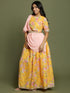 Girl's Yellow Floral Print Crop Top & Lehenga Set With Dupatta